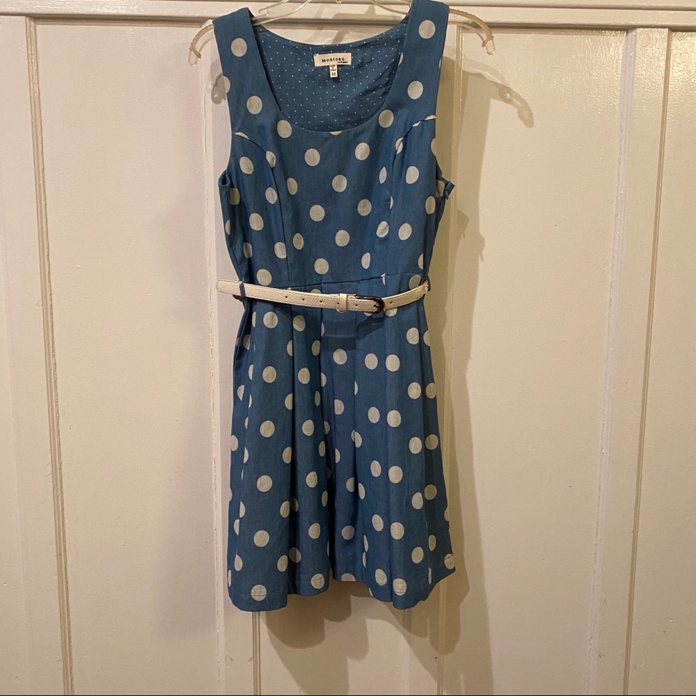 Monteau Belted Blue Polka-dot Dress